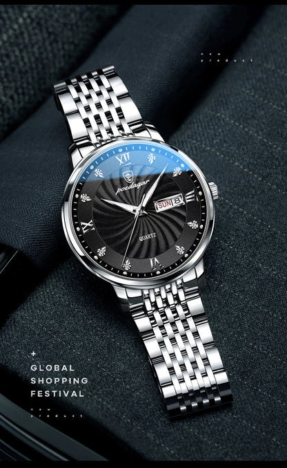 POEDAGAR Luxury Men's Watch — Waterproof Luminous Quartz Wristwatch with Date & Week, Stainless Steel Sports Fashion