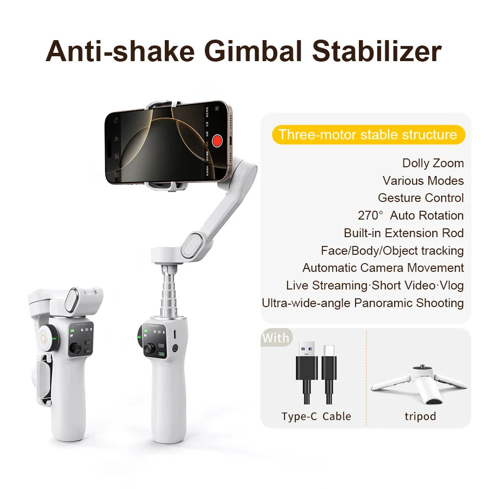 AOCHUAN Smart V8 3-Axis Handheld Gimbal – Phone Stabilizer with Extension Rod, Tripod & Face Tracking for iPhone, Android, TikTok & Vlog