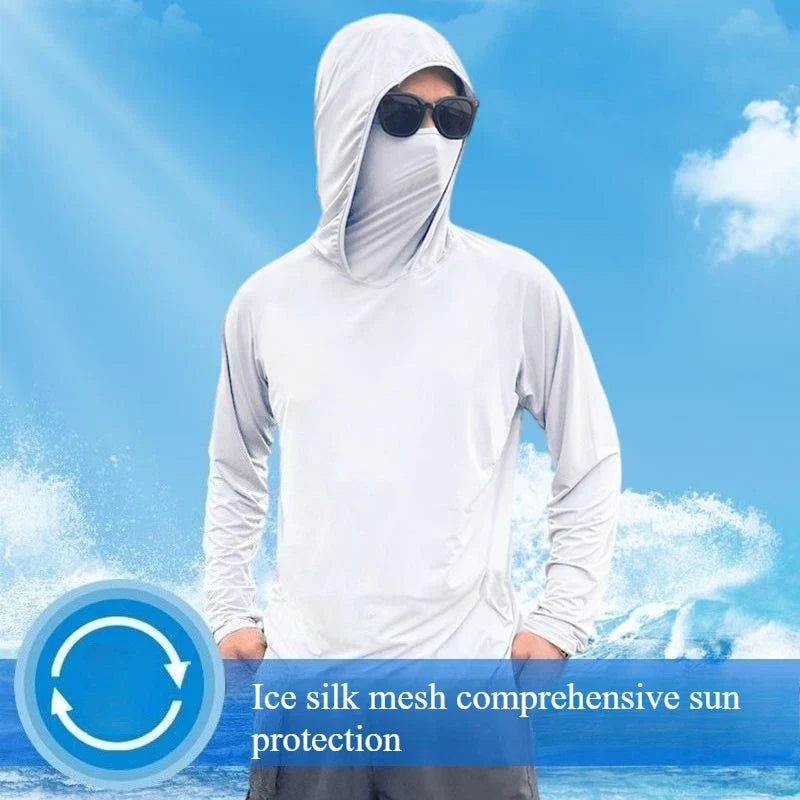 Men's Hooded Sun Protection Shirt - Lightweight Ice Silk Long Sleeve Cooling Pullover for Cycling & Fishing