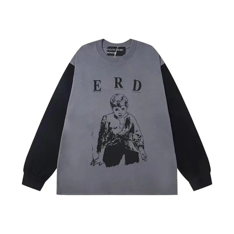 Washed Casual Hoodie Sweatshirt — Unisex Loose-Fit Street Style Crew Neck with Lip Print Letter Design, Vintage Comfortable Top