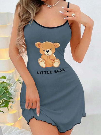 Women’s Little Bear Mini Nightdress - Summer Suspender Dress Comfortable Sexy Sleepwear & Home Loungewear
