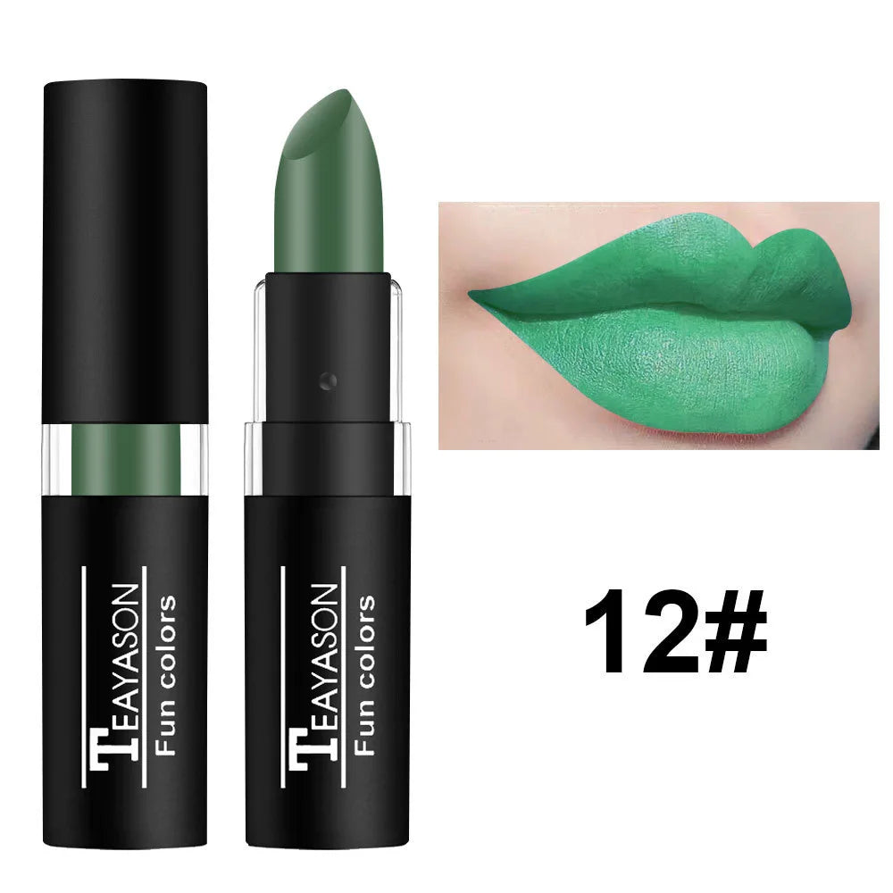 12 Color Waterproof Lipstick – Long-Lasting Matte Lip Gloss in Black, Blue, Purple, Green & Red