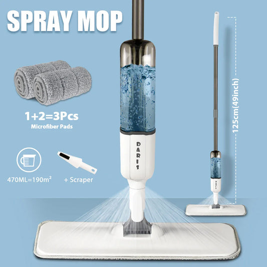 DARIS 360° Spray Flat Mop — Reusable Microfiber Pads with 500ML Large Capacity Square Triangle Bottle