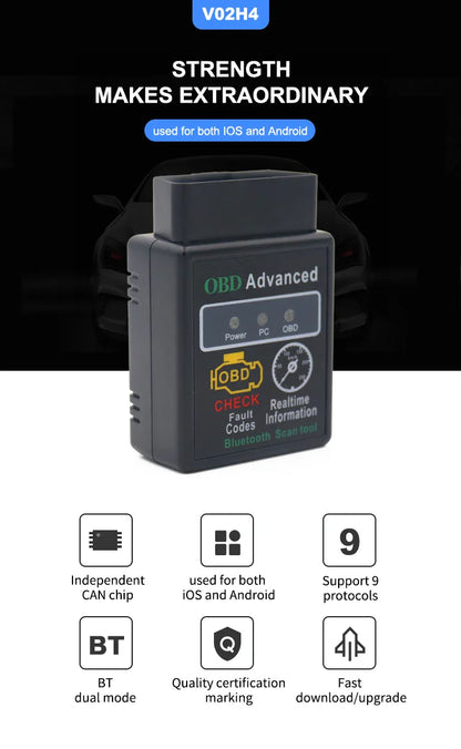 V02H4 ELM327 OBD2 Scanner – High-Quality Car Diagnostic Tool, Bluetooth Auto Code Reader for iOS & Android