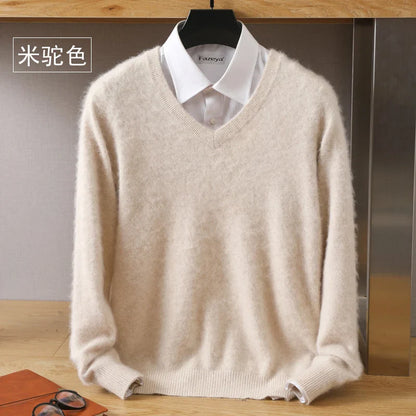 Men’s 100% Pure Mink Cashmere Sweater – V-Neck Knit Pullover, Long Sleeve Winter Jumper, Large Size High-End Top