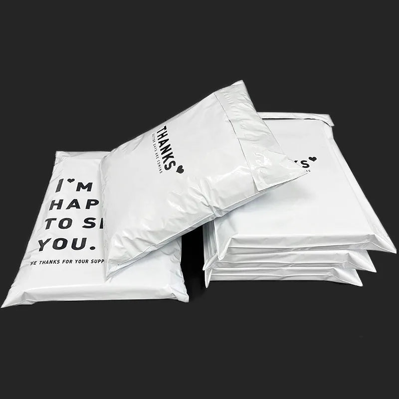 INPLUSTOP 50PCS White Thick Express Bags – Waterproof Clothing Packaging with "THANKS" Print, Courier Envelope Pouches