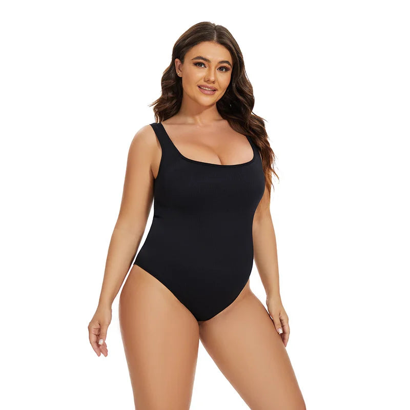 GUUDIA Ribbed Tummy Control Jumpsuit – Light Compression Daily Shaper Bodysuit with Open Crotch Shapewear Design