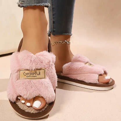 Women’s Plush Fuzzy Slippers - Warm Open-Toe Indoor EVA Home Slides