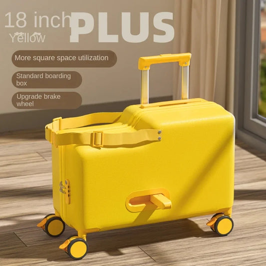 18-Inch Foldable Kids Suitcase with Seat – Lightweight PC Luggage for Boys & Girls, Compact Travel Pedal Boarding Case
