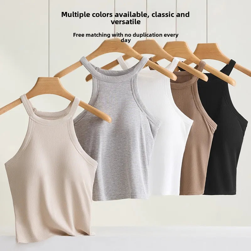 Women’s Threaded Halter Neck Camisole Top – Built-in Bra Slim Fit Elastic Breathable Sling Tank Top with Fixed Cups Underwear Style Basic Wear