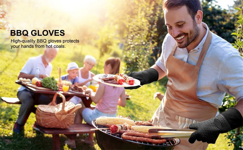 Heat-Resistant Silicone Gloves – Non-Slip Oven Mitts for Kitchen, BBQ, Baking & Cooking with Canvas Stitching
