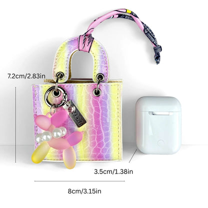 Mini PU Leather Rainbow Bag Charm - Gradient Balloon Dog Keychain Holder for Earbuds, Charger Cable & Gifts