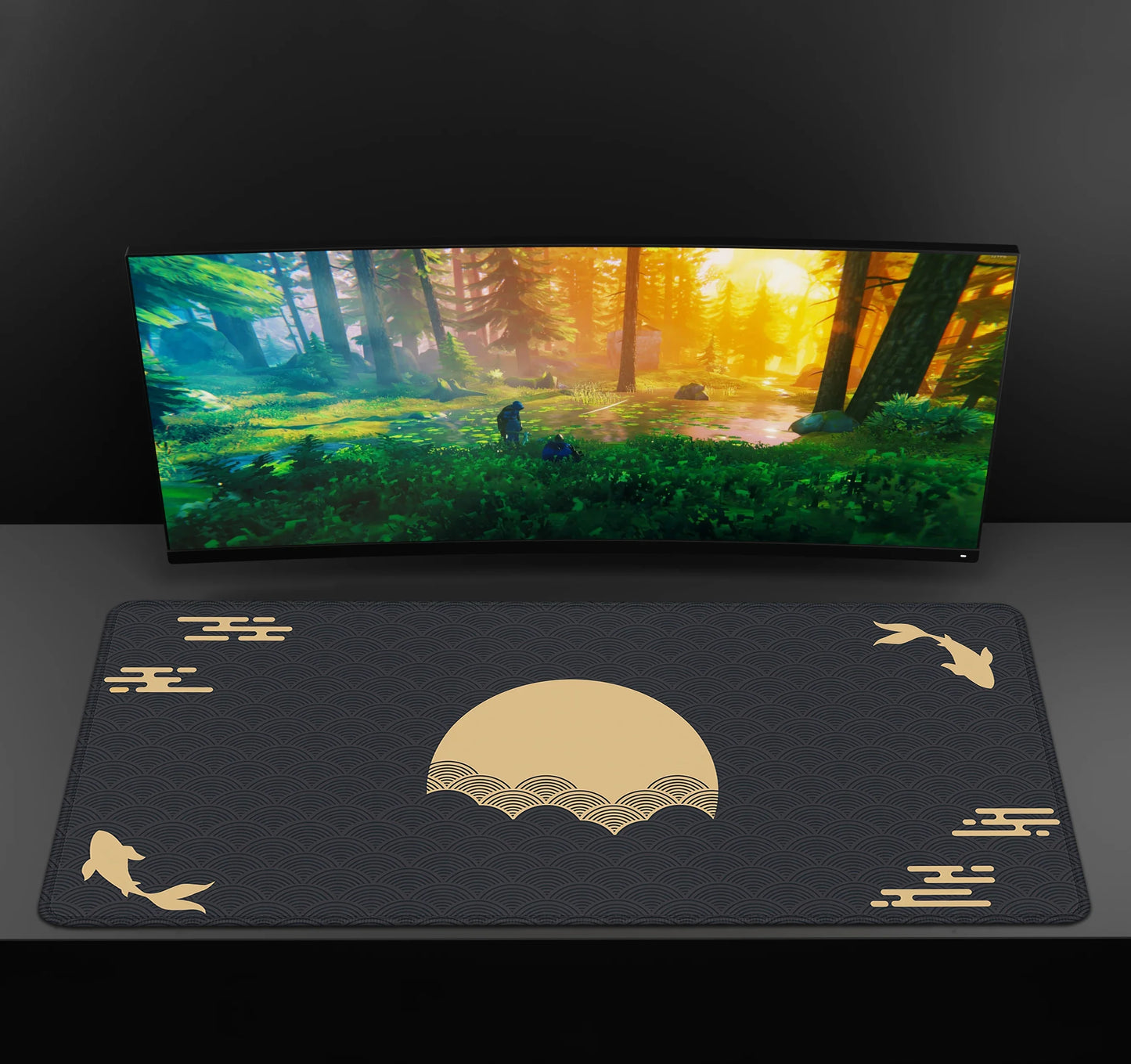 Japanese XXL Desk Mat 90x40 — Black & Red Koi Fish Gaming Mouse Pad, Sunrise Art Rubber Mousepad