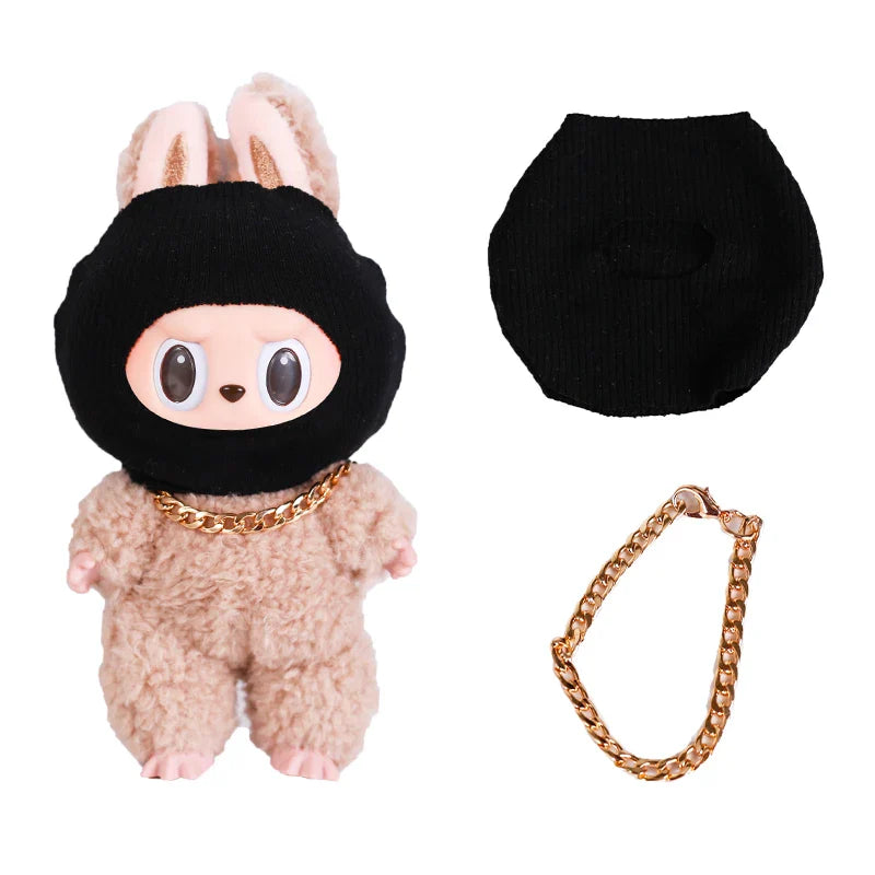 Labubu Doll Accessories – Trendy Black Knit Hat & Necklace Set, Cute and Funny Street Fashion Style