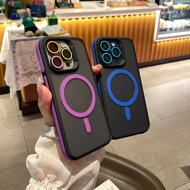 Luxury Patchwork Color Phone Case for iPhone 15/14/13/12/11 Pro Max Plus – Anti-Slip Frosting Translucent Magsafe Magnetic Cover