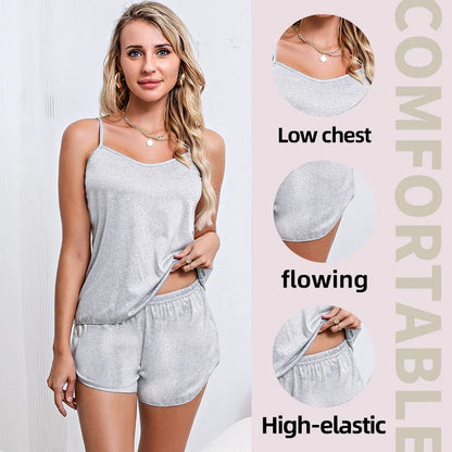 Women’s Summer Pajama Set – Pink & Gray Camisole with Shorts, Soft Nightwear XL XXL