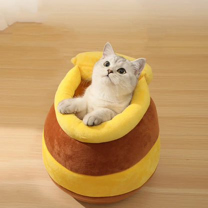 Honey Jar Shape Cat Bed House - Removable Plush Mat for Cats, Four Seasons Cushion Basket - Machine Washable Pet Accessories