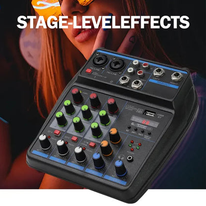 4-Channel DJ Mixer Console with Bluetooth – USB Audio Mixer, 48V Phantom Power, Karaoke Monitor System