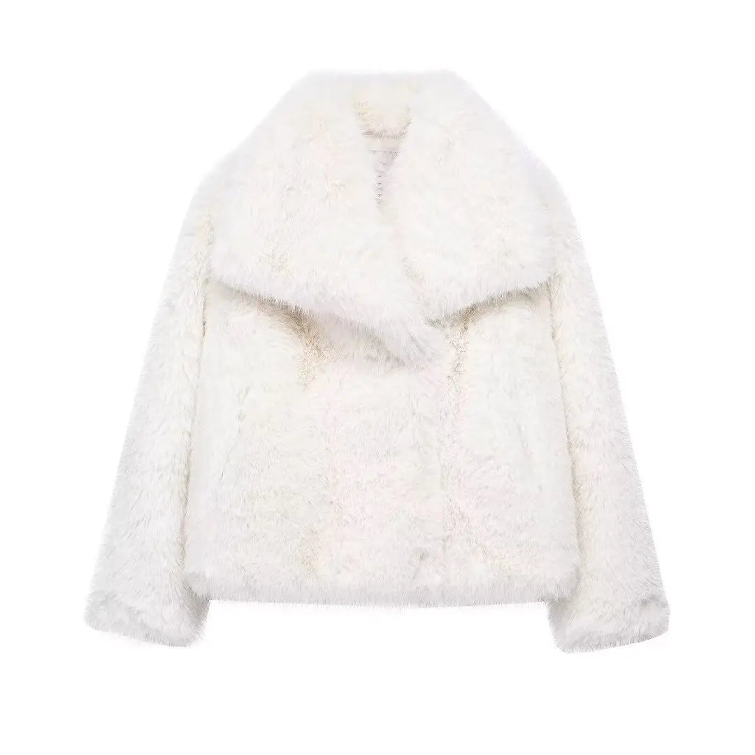 TRAF 2024 Women's Cropped Faux Fur Jacket – Chic Lapel Collar, Long Sleeve, Front Snap-Button Thick Coat