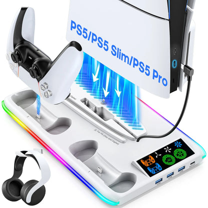 PS5/PS5 Slim/PS5 Pro Stand – Cooling Stand with Headphone Hook, Controller Charging Station & 3-Level Cooling Fan