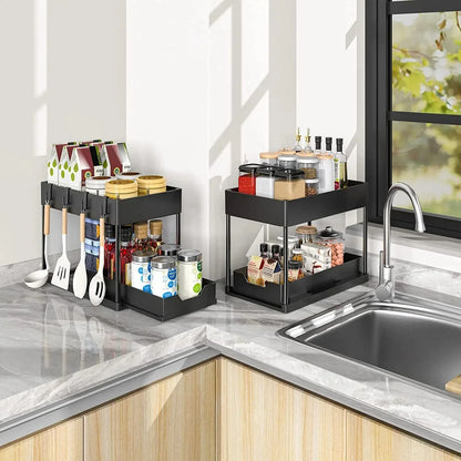 2-Tier Under Sink Sliding Cabinet Organizer — Basket Storage Rack with Hooks for Bathroom & Kitchen