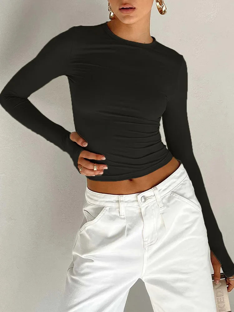 Women’s Slim Fit Long Sleeve Crop Top – Crew Neck Thumb Hole T-Shirt, Solid Streetwear Basic Summer Camis Top
