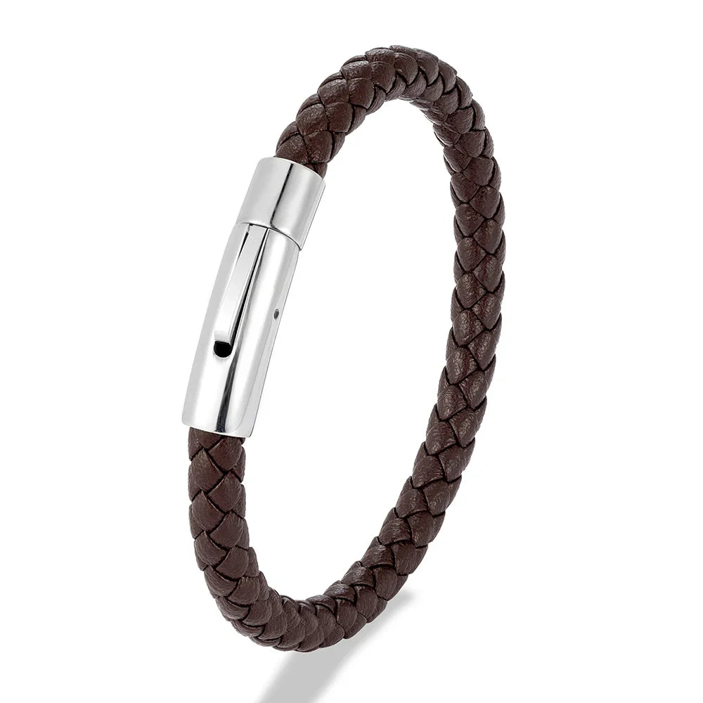 MKENDN Red Braided Leather Bracelet - 6mm Stainless Steel Button Unisex Couple Jewelry Gift Classic Simple Design