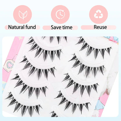 5 Pairs Manga False Eyelashes – Wispy Soft Cluster Lashes Natural Thick Clear Band Korean Anime Style Makeup Lashes