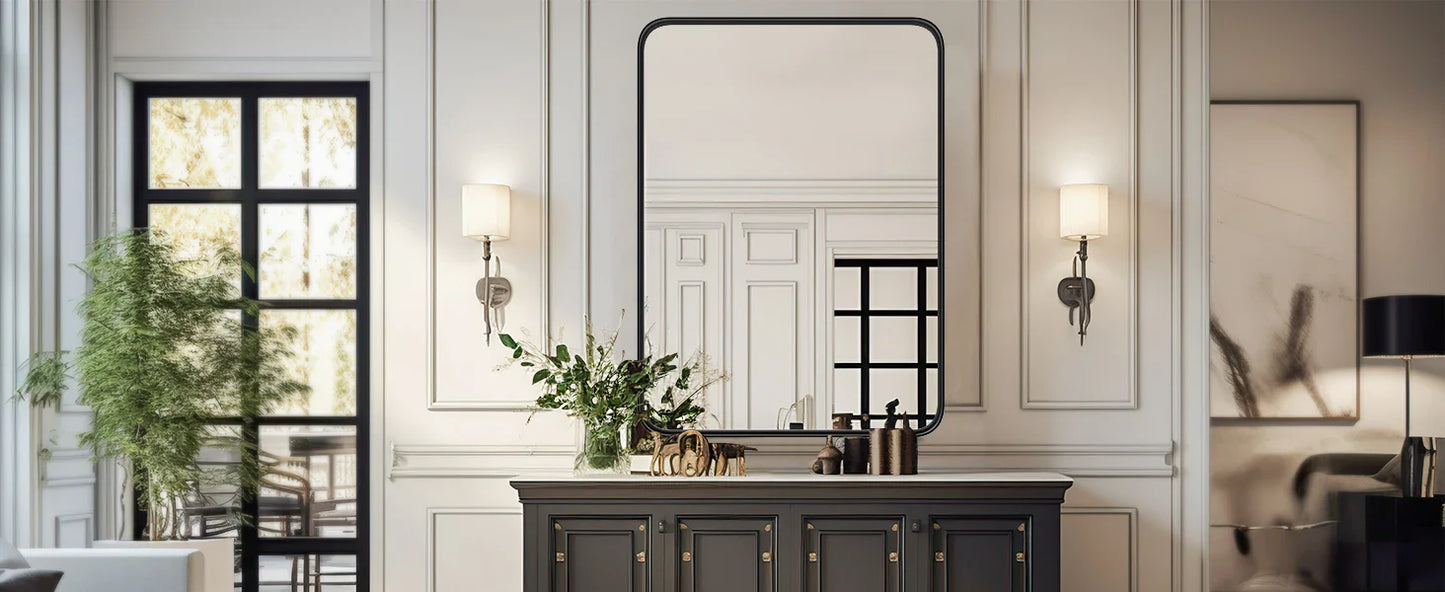 30x40" Large Rectangle Wall Vanity Mirror – Matte Metal Frame, Tempered Glass, Modern Living Room Decor