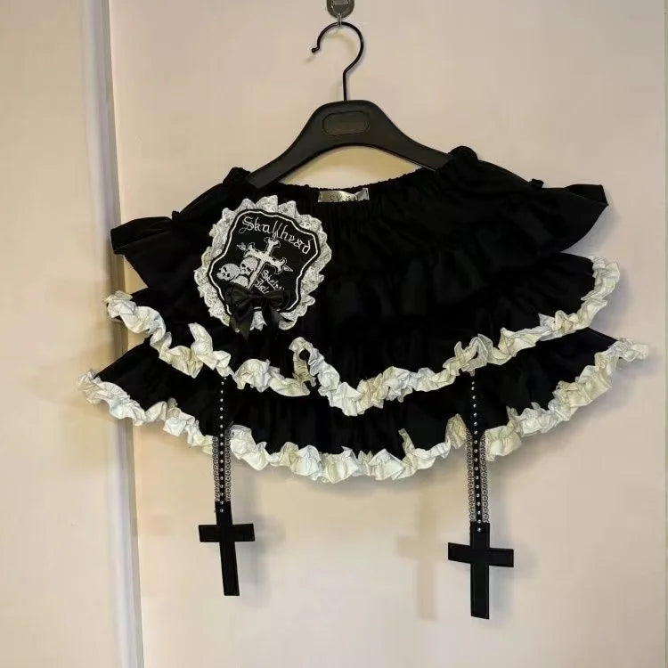 Y2K Gothic Ruffle Skirt - Black & White Polka Dot Punk Lolita Mini Skirt