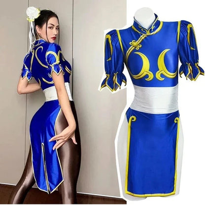 Chun-Li Cosplay Costume - Women’s Blue Cheongsam Dress with Headdress & Waistband for Halloween