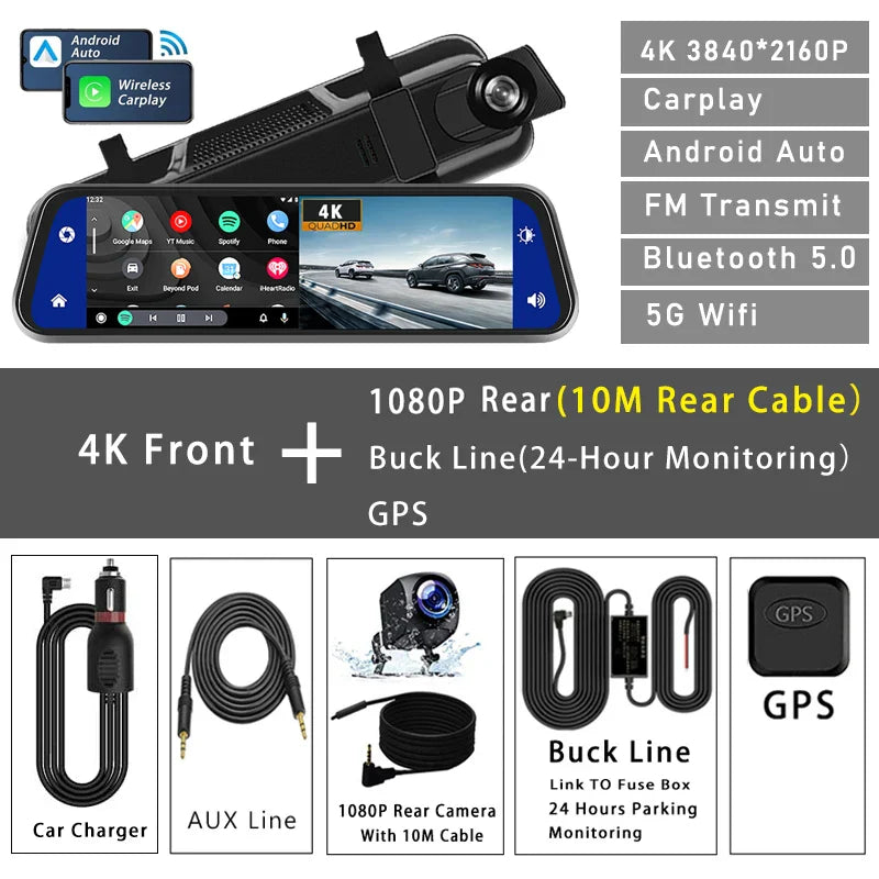 10" 4K Dash Cam Car DVR – 3840x2160P, CarPlay, Android Auto, GPS, 5G WiFi, AUX, Rearview Mirror Dash Camera, FM Recorder