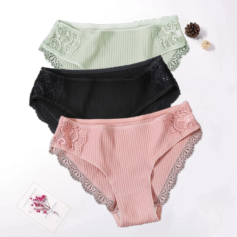Floral Lace Cotton Women’s Panties - Comfortable Briefs, Solid Color Underwear, 3PCS/Set, Sizes M-XXL
