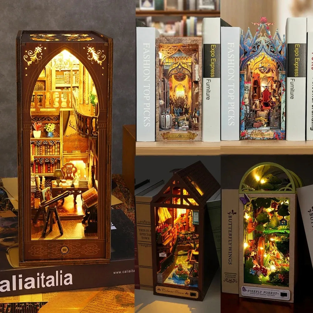 DIY Firefly Forest House Book Nook Kit - Miniature Wooden Bookshelf Insert and 3D Puzzle Dollhouse for Adults