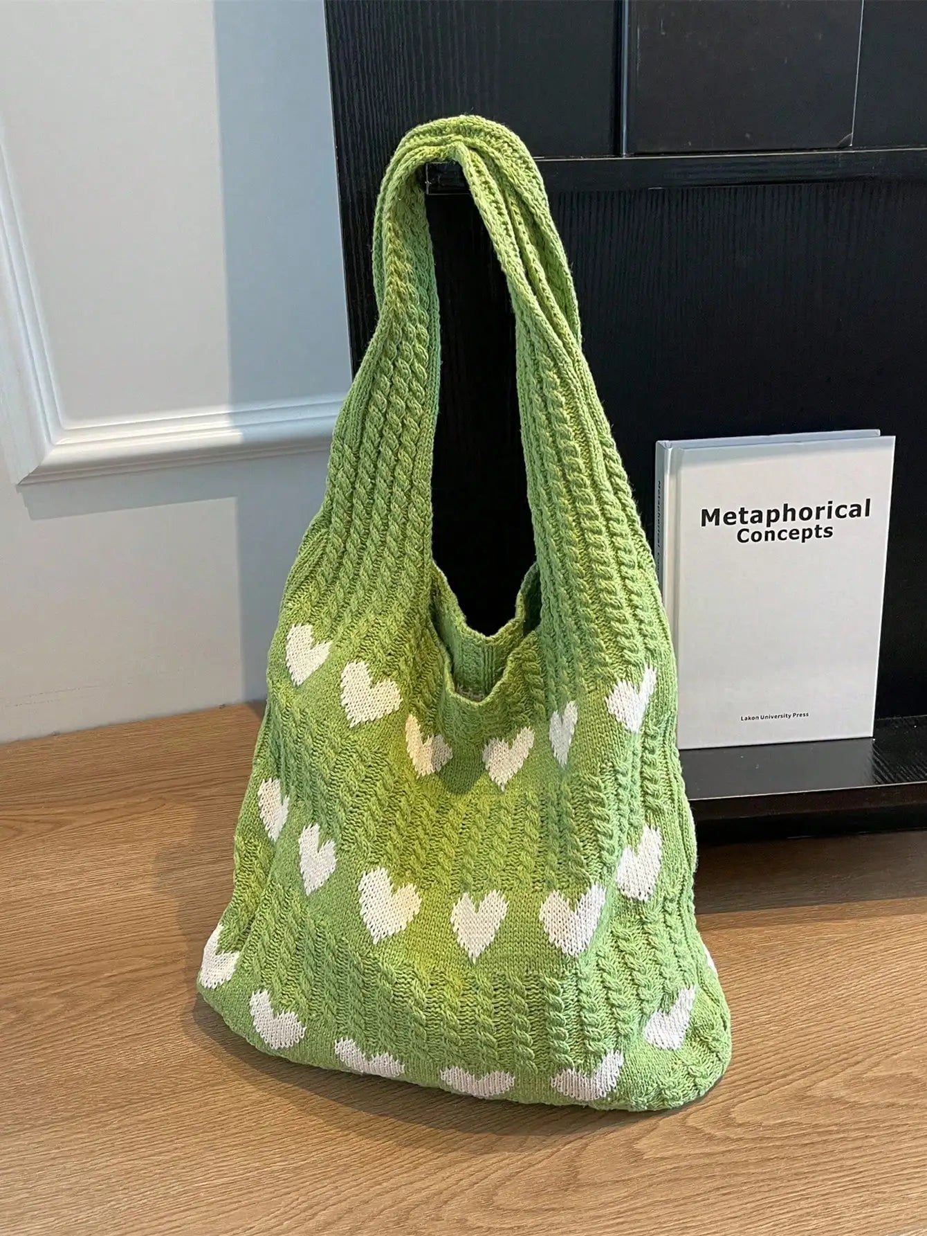Heart Pattern Color-Block Crochet Handbag – Large Capacity Shoulder Beach & Commute Tote Bag, Fashion Versatile Daily Carry Bag