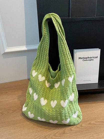 Heart Pattern Color-Block Crochet Handbag – Large Capacity Shoulder Beach & Commute Tote Bag, Fashion Versatile Daily Carry Bag