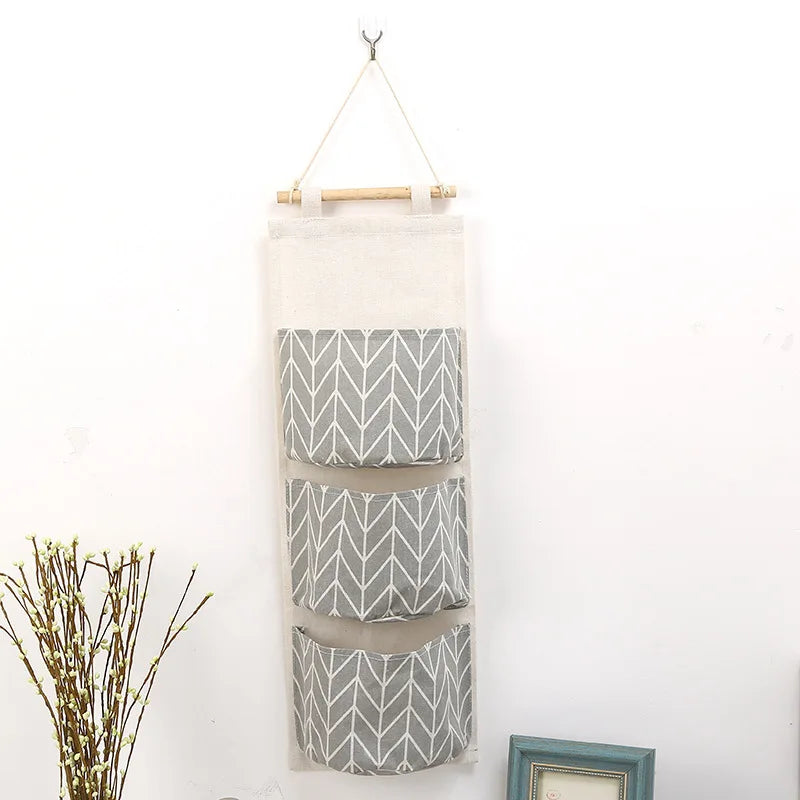 Three-Pocket Hanging Wall Storage Bag – Cotton Linen Organizer for Bedroom, Living Room & Kitchen