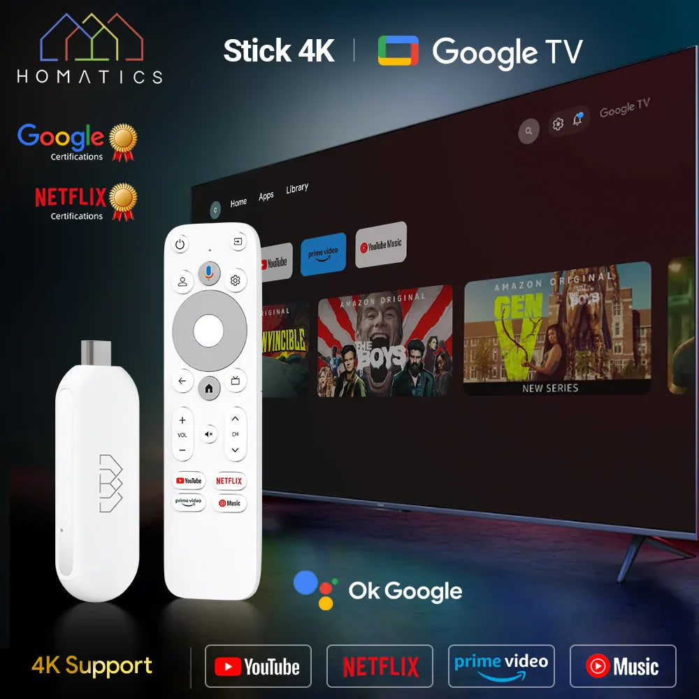 HOMATICS 4K TV Stick – Google Certified, Netflix, 2GB+32GB, Dolby Atmos, Amlogic S905Y4, WiFi Streaming Box
