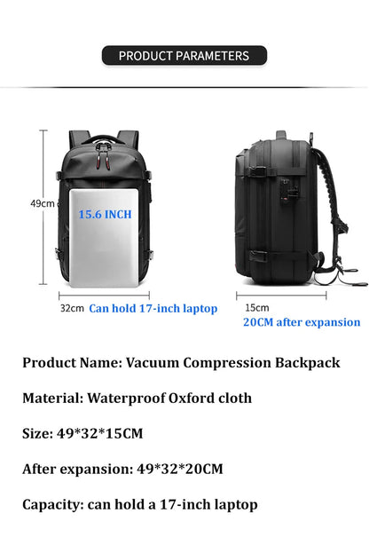 Men's Travel Backpack - Vacuum Compression 17" Laptop Backpack, Large Capacity Business & Hiking Bag