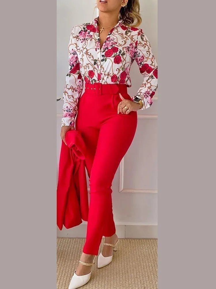 Women’s Autumn Winter Two-Piece Set – Stand Neck Floral Shirt & Pants with Belt, Elegant Casual Outfit