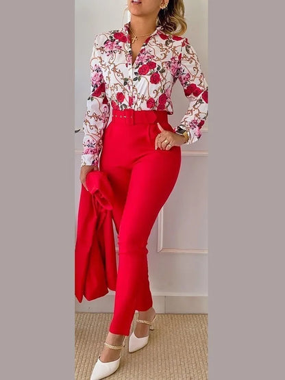 Women’s Autumn Winter Two-Piece Set – Stand Neck Floral Shirt & Pants with Belt, Elegant Casual Outfit