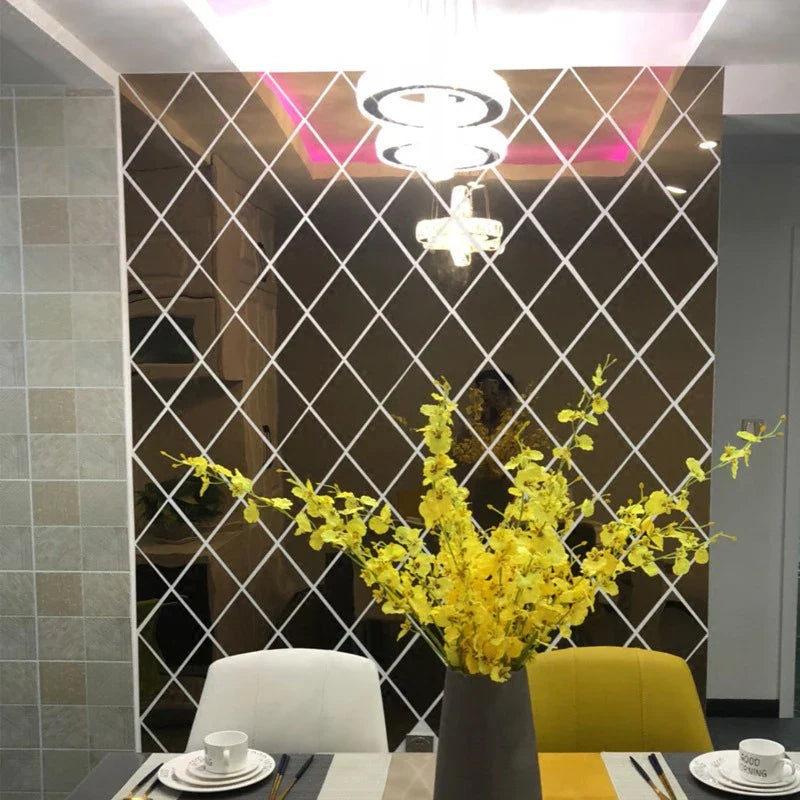 3D Diamond Acrylic Mirror Wall Sticker – Removable Decorative Glass Tiles (17pcs)