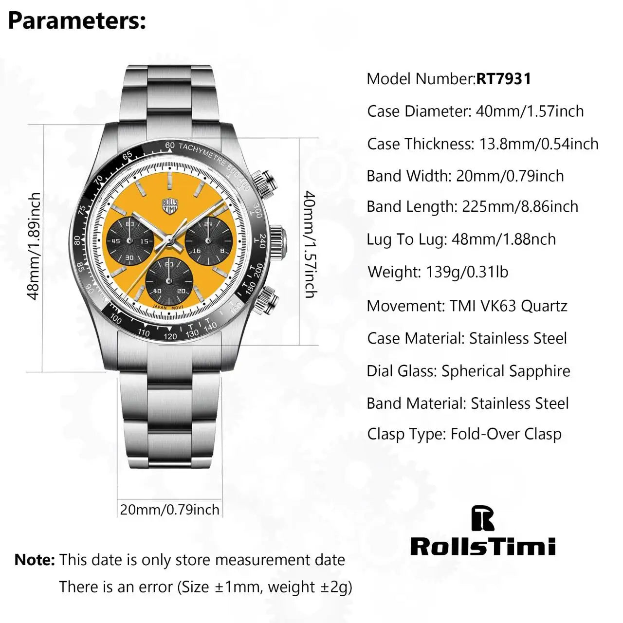 RollsTimi Men's Watch 2024 – Luxury Japan VK63 Quartz Chronograph, Sapphire Glass, Stainless Steel Wristwatch