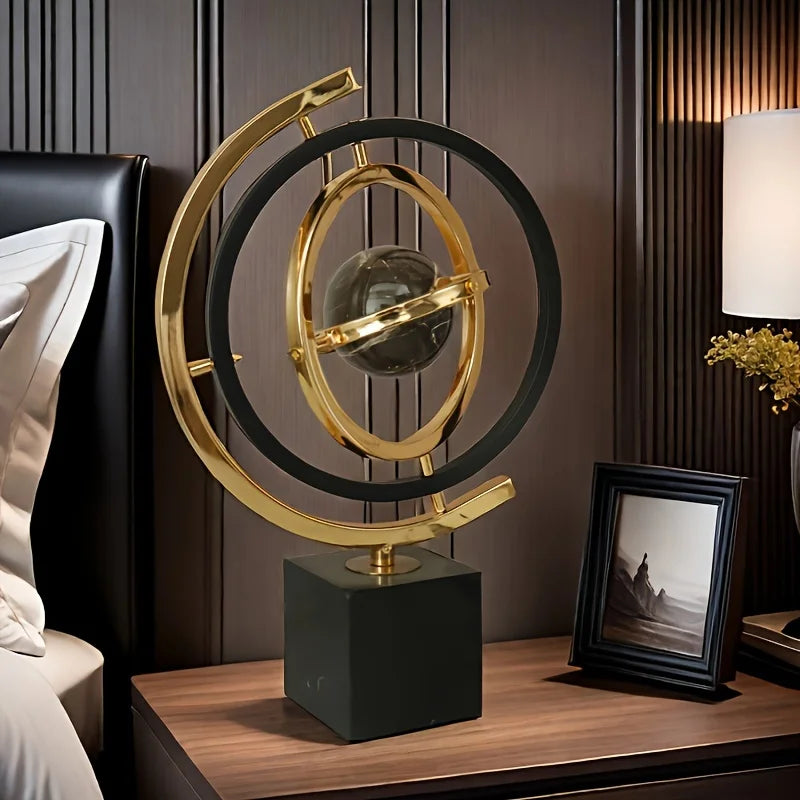 Modern Abstract Metal Globe Sculpture - Black & Gold Home Office Decor with Rectangular Base