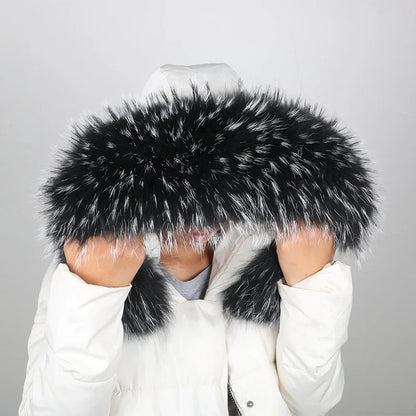 Natural Raccoon & Fox Fur Scarf – Luxury Women’s Winter Fur Collar and Hood Trim for Coats & Jackets