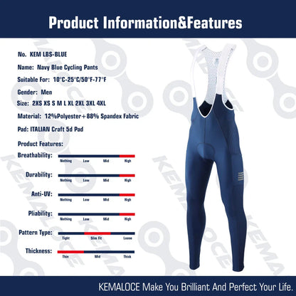 KEMALOCE Men's Cycling Long Pants, Autumn Blue & Grey, Gel Pad, Reflective Bike Bib, Breathable Bicycle Trousers with Rear Pocket