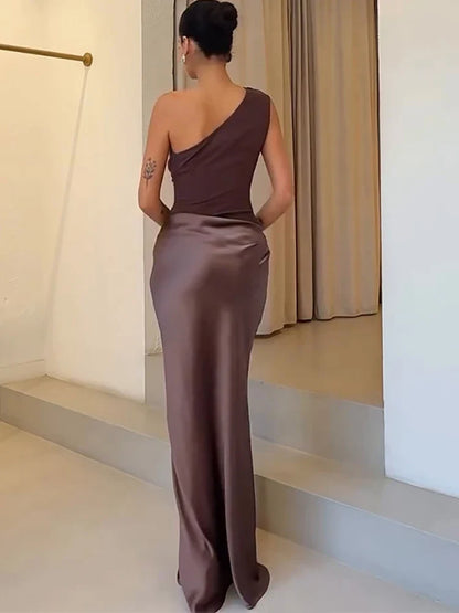 JULISSA MO Women’s Patchwork Satin Maxi Dress – Sexy One-Shoulder Brown Sleeveless Evening Party & Clubwear Dress