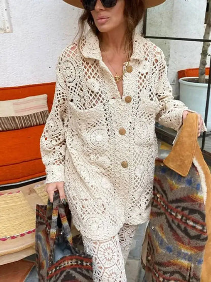 LGRQ 2025 Women’s Spring & Summer Lace Hollow-Out Shirt – Turn-Down Collar, Full Sleeve, Single-Breasted Fashion Top