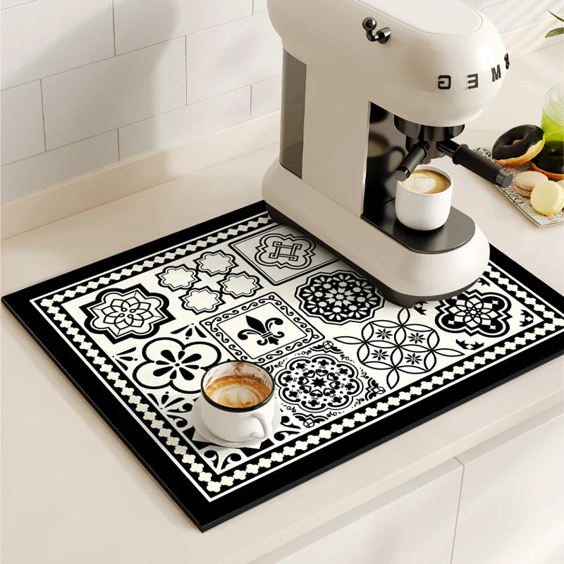 Retro Coffee Maker & Dish Drying Mat – Non-Slip, Quick-Dry Kitchen Placemat for Tableware, Washable