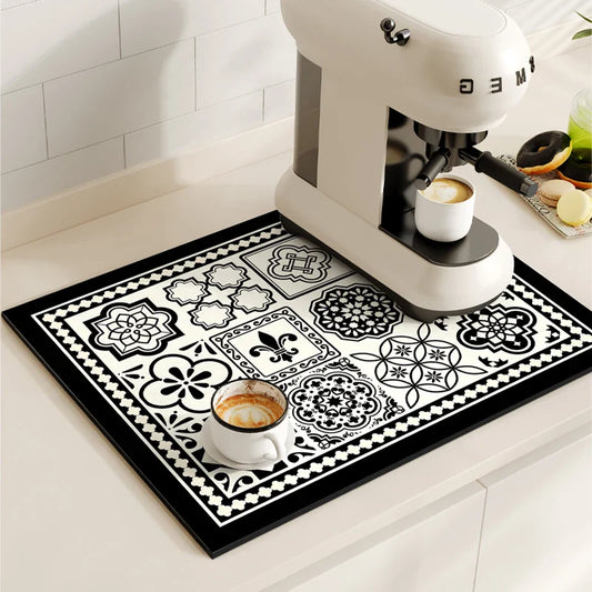 Retro Coffee Maker & Dish Drying Mat – Non-Slip, Quick-Dry Kitchen Placemat for Tableware, Washable